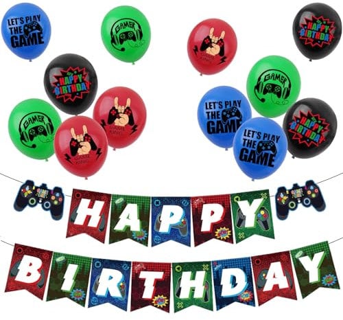 Video Game Birthday Decorations Gaming Party Pack,1pcs Happy Birthday Game Banner and 12pcs 12inch Gaming Player Party Balloons for Kids Girls Boys Games Controller Birthdays Party Supplies
