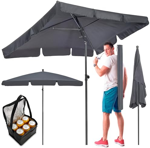 TOM höhenverstellbarer rechteckiger Sonnenschirm mit Schutzhülle für Balkon, Garten & Terrasse – kleiner 125 x 200 cm Gartenschirm in Anthrazit oder Beige – 45° knickbar – PLUS Geschenk (Anthrazit)