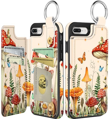 Shorogyt Compatible with iPhone 8/7 Wallet Case with Card Holder - Designer Mushroom Frog Pattern Kickstand Magnetic Clasp Back Flip Folio Leather Phone Covers for Girls Men Women