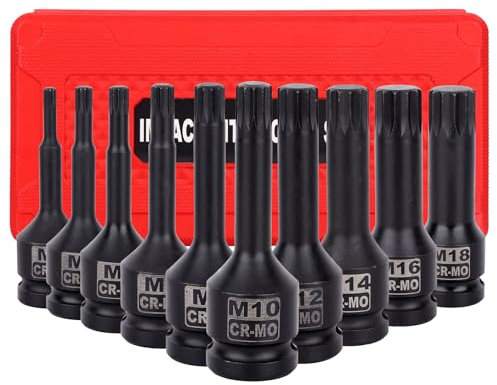 Juego de llaves de vaso XZN de impacto de 1/2 pulgada, 10 piezas M5-M18 Drive Impact XZN Triple Square Spline Bit Socket Set para bricolaje, reparación de coches, bicicletas, herramientas del hogar