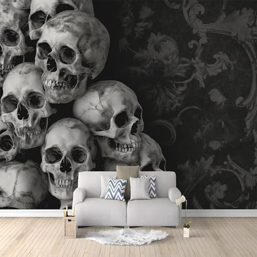 Fototapete Totenkopf grau und schwarz Gothic 200x150 cm Vlies Wandbild Moderne Wanddeko Wohnzimmer Schlafzimmer TV-Hintergrund Wandbild Tapete