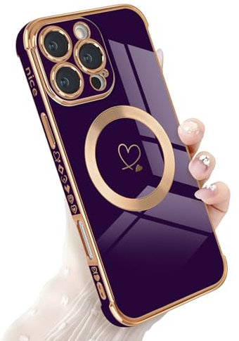 Newseego Magnetic Phone Case for iPhone 16 Pro Max [Compatible with Magsafe], Cute Love Heart Pattern Girls Women Soft TPU Shockproof Camera Protection Cover for iPhone 16 Pro Max-Dark Purple