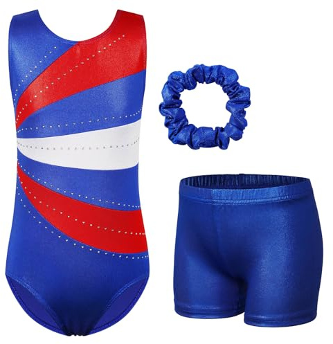 HUAANIUE Mädchen Kinder Gymnastikanzug Set Trikot + Shorts + Haarschmuck Ärmelloser Tanzanzug 3-14 Jahre (KHB366-Königsblau, 11-12 Jahre)