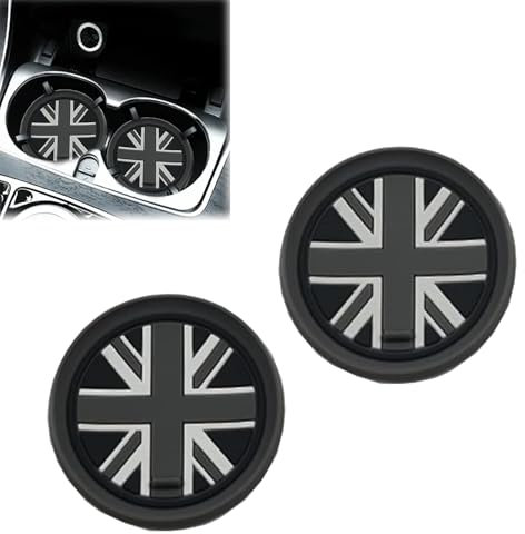 Vierone 2pcs Black Union Jack Silicone Car Coasters, Round, Anti-Slip, Compatible with Mini Cooper R55-R59 Cup Holders