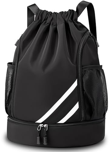 Teklemon Turnbeutel Sportbeutel mit Kordelzug Mode Sport Rucksäcke Fußball Tasche Große Kapazität,Verstellbar Sportrucksack mit Ballfach Bodenfach Wasserdicht Rucksack Turnbeutel für Damen Herren Teen