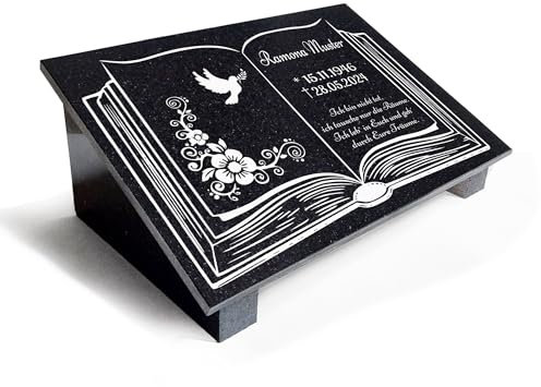 Grabstein aus Granit mit Personalisierung, poliert, gefaste Kanten. Geeignet als Urnengrabstein | Grabplatte | Gedenktafel | Urnenliegestein.Mit Stützen Motiv Buch BI07 (40x30cm mit Stützen)