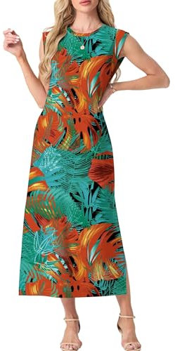 GRECERELLE Robe longue d'été décontractée pour femme, style élégant, robe longue basique sans manches pour femme, avec fentes et poches, Feuille de palmier vert clair, XL