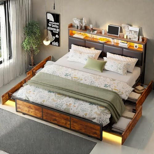 FEEOHOME Vintage Doppelbett, 160 x 200 cm, Bettkasten mit LED-Leuchten, Bettgestell mit 4 Schubladen, Aufbewahrung, Schwarz mit Holzbrett, Tiger-Motiv, PU-Leder