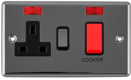 ArlecUK 2 Gang 45A Cooker Switch + 13A Socket with Neon Indicator, Screwed Nickel Faceplate, Black Insert, Electrical Wall Light Switch.