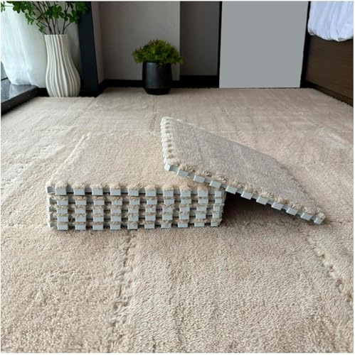 FYYSJW 10 Piece Plush Patchwork Foam Floor Mat, Soft Interlocking Floor Carpet Squares, Fluffy Puzzle Area Rug, 12 X 12 Inch,Khaki
