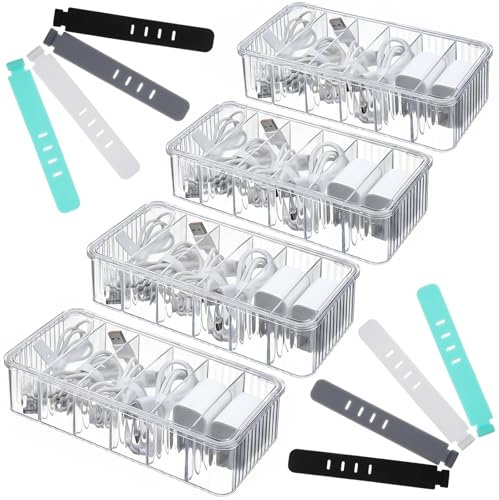 Ajcotahm 4 Pcs Cable Organizer Box with Lid, Clear Plastic Charging Cord Organizer with 40 Wire Ties Cord Storage Case Cable Storage Organizers for Home Office Desk Drawer Organizers and Accessories