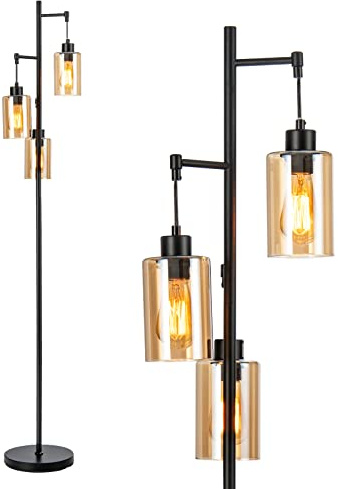 COSTWAY 164cm Standleuchte mit 3 hängenden Braunglasschirmen, Fußschalter & Metallbasis, Freistehende Stehlampe, Industrielle Stehleuchte für Wohnzimmer, Schlafzimmer, Büro