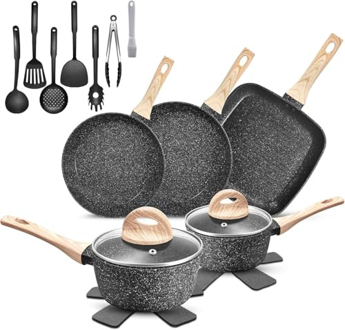 GTYZZH Batería de Cocina Antiadherente de 19 Piezas, Juego de Ollas y Sartenes de Inducción en Granito Negro, No Tóxico, Apta para Todas las Cocinas, Sin PFOA, PTFE, PFAS ni PFOS