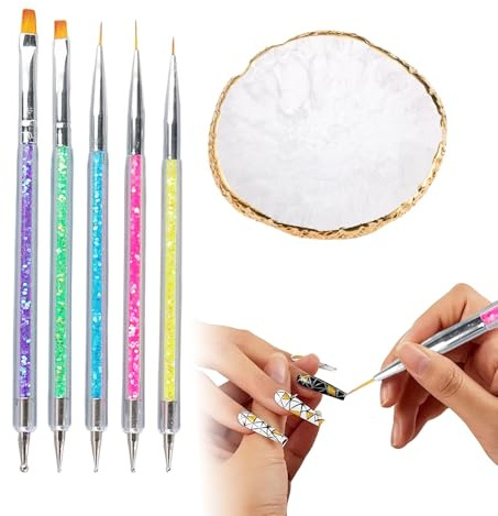1Pcs Nail Art Palette, 5Pcs Nail Art Brush Set, Resin Gel Mixing Palette with Dual Ended Liner Brushes and Dotting Pens