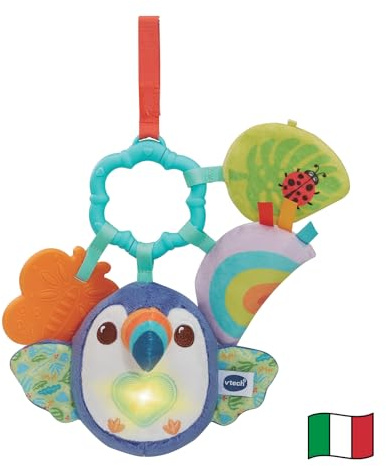 VTech Tiki der Tucano, sensorischer Ring für Neugeborene, sensorisches Musikspiel mit Rassel und Beißring, Spielzeug für Neugeborene mit weichen Stoffen, italienische Sprache, Batterien im