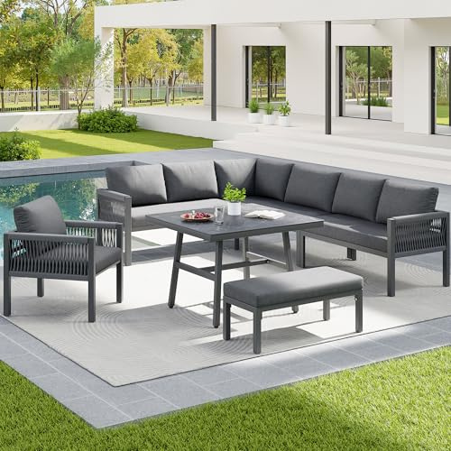 Merax L-Form Garten-Sofa Gartenmöbel Set für 8 Personen, Robuster Eisenrahmen mit grauen Polstern, Inkl. 1 Tisch mit Marmor-Glasplatte und 2 Sesseln, Wetterfeste Terrassen-Garnitur Grau