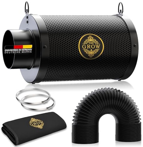 THE GROW PUREAIR 150 mm Aktivkohlefilter Set für Growbox und Growzelt, Abluftfilter Geruchtsfilter mit RC412 Aktivkohle, 38 mm Kohlebett, 2 m Schlauch, Schellen und Vorfilter