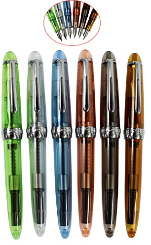 6PCS 992 Transparent Plastic Fountain Pens, Fine Nib Fountain Pen Set, JinHao Silver Clip and Pen Screw Cap, Solid Colors (Green, White, Blue, Orange, Grey, Brown)