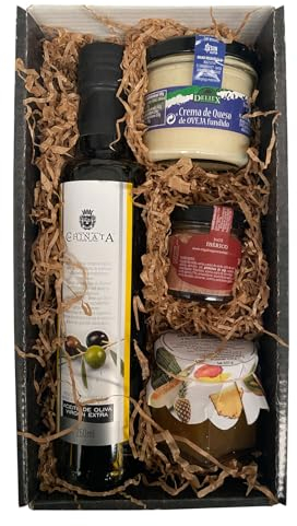 Cesta de productos gourmet con aceite de oliva virgen extra 250 ml en vidrio, Crema de queso, paté ibérico DELIEX en formato de 30 g y mermelada