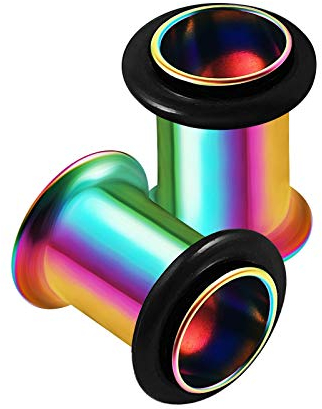 KJM FASHION 2 Stk Regenbogen Eloxiert 7 mm 1 g Single Flared Tunnel Black O-Ring Tunnel Ear Plug Ohren Stecker Dehnstab Ringe Eyelet Piercing Schmuck 1830
