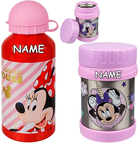 alles-meine.de GmbH 2 TLG. Set: Edelstahl - Thermo Warmhaltebox + Trinkflasche - inkl. Name - Wärme + Kälte - für Nahrung + Getränke - Minnie Maus & Einhorn - BPA frei - auslau..