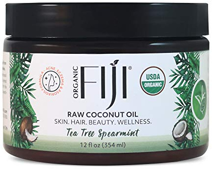 Organic Fiji Raw Cold Pressed Coconut Oil for Hair, Skin, Face & Body | Relaxing Massage Oil | Tea Tree Spearmint,12 oz for Women Men & Baby