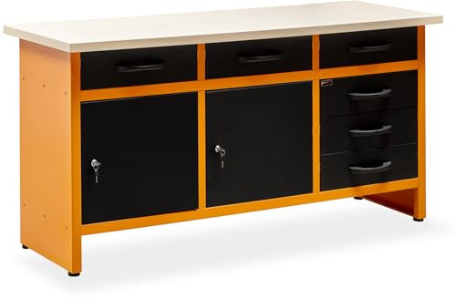 METALLMOBELL - Banco da Lavoro Officina | 160x60x84cm, con Cassetti e Armadietto | Tavolo da Lavoro Garage, Banchetto da Lavoro, Banco da Falegname, Banco da Lavoro Garage, Banco Lavoro - MB010