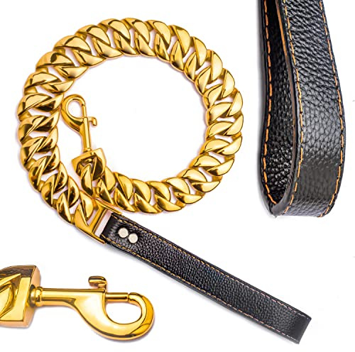 Big Chew Proof Dog Leash for Large Dogs, txprodogchains 32MM Thick Gold Chain Leash with Padded Leather Handle (Gold, 3FT)