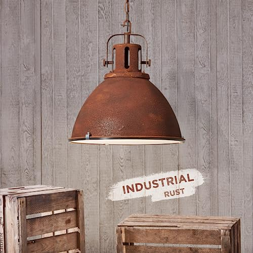 Lightbox kürzbare Vintage Hängelampe mit Glasscheibe - industrielle Pendelleuchte mit 47cm Durchmesser- für Esszimmer - E27 Fassung, max. 60 W - Metall/Glas Rostfarben
