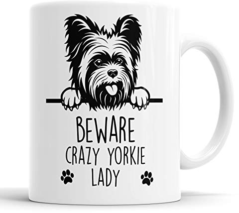 Faithful Prints Yorkie Beware Crazy Yorkie Lady Mug Pet Present Yorkshire Terrier Dog Mum Dad Friend Joke Funny Gift Cup Birthday Christmas, Ceramic Mug