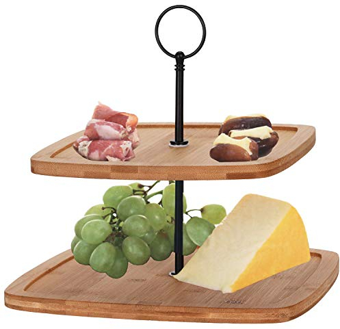 Etagere mit 2 Ebenen 25x25xH23,5cm Bambus/Metall, Servierplatte Gebäckschale Plätzchenform Servierständer, Farbe:Modell 2