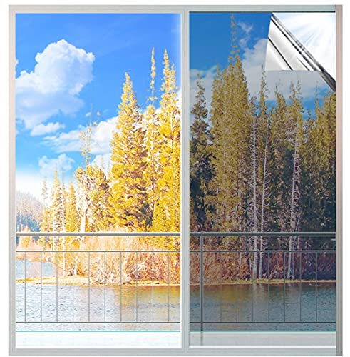 MUHOO One Way Window Film, Privacy Film for Glass Windows, Heat Reflective Mirror Window Film - 90x200cm, Silver