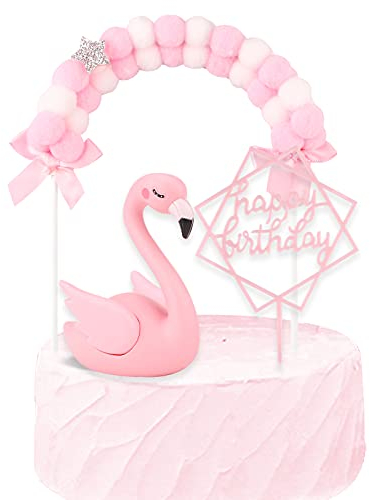 3 Stück Flamingo Happy Birthday Cake Toppers Dekoration Set Hairball Bogen Kuchen Topper Regenbogen tortendeko 3D-Flamingo-Geburtstagstorte-Dekoration für Hochzeit Geburtstagsfeier