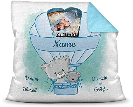 Kissen mit Füllung - mit Geburtsdaten personalisieren - Babygeschenk für Jungen, Geschenk zur Geburt oder Taufe, Geburtskissen, Namenskissen fürs Baby I Farbkissen Rückseite Hellblau, 40x40 cm