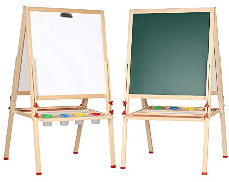Whiteboard und Tafel Kinder 57×55 cm Kreidetafel und Magnettafel Staffelei Schreibtafel Kinder Maltafel Kinder Kindertafel Holz Doppelseitige Höhenverstellbar 80-148 cm Standtafel mit Schreibwaren-Set