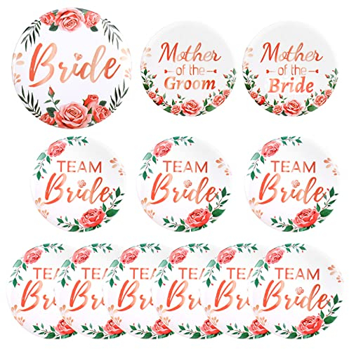 HOWAF 12 JGA Buttons, 9 Team Bride Buttons + 1 Bride Buttons + Mother of The Bride & Groom Rosé Gold Blume JGA Accessoires Frauen für Junggesellenabschied Frauen Accessoires Team Braut Hochzeitsfeier