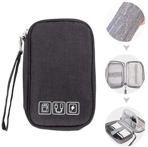 Small Electronic Accessories Organizer, Handhled Acopton Universal Compact Travel Digital Accessories Storage Bag for Portable Charger, Cables, Earphone, Cord, SD Card, Phone (Black)