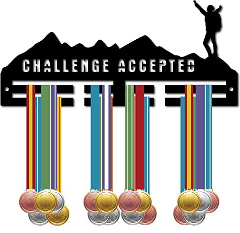 CREATCABIN Acryl-Medaillenhalter Challenge Accepted Medaillen-Aufhänger-Ausstellungsständer Wandhalterung Sport-Aufhänger Für Heimabzeichen 2 Linien Athleten Medaillengewinner Laufen Fußball Gymnastik
