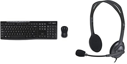 Logitech MK270 Wireless Keyboard and Mouse Combo - Black & H111 Wired Headset, Stereo Headphones with Noise-Cancelling Microphone, 3.5 mm Audio Jack, PC/Mac/Laptop/Smartphone/Tablet - Black