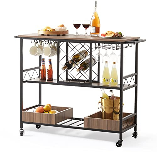 VEVOR Bar Cart, Home Serving Cart, 3 Tiers 300 LBS Industrial Rolling Beverage Station on Lockable Wheels, Mobile Alcohol Drink Cart with Removable Tray Wine Rack Glass Holder for Kitchen Dining Room