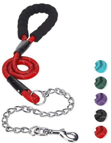 MIHACHI Anti Chew Dog Lead - Heavy Duty Rope Dog Leash with Anti-Bite Chain and Soft Padded Handle, No Tangle Strong Leash with Reflective Threads