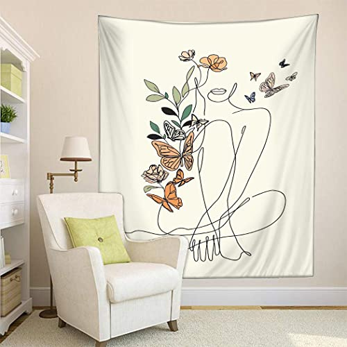 Tapiz minimalista moderno de mujer con mariposa y flores, diseño de plantas, retrato estético, color beige, arte para sala de estar y dormitorio (M/130