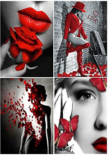 DCIDBEI Diamond Painting Erwachsene Sexy 30x40 cm 4 Stück - Diamant Painting Bilder DIY Malen Nach Zahlen - Nackte Frau, Rote Lippen, Augen