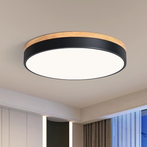 Qamra LED Deckenleuchte, Schwarz Deckenlampe 40cm, 36W Lampe mit Holz für Wohnzimmer Schlafzimmer Küche Flur Esszimmer 4000K