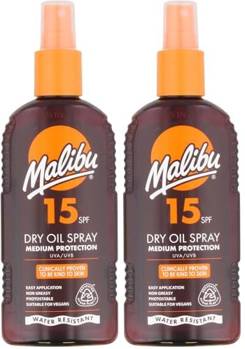 Malibu Suntan Dry Oil Spray Very Water Resistant SPF 15 Medium Protection (Pack of 2)
