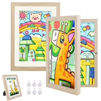 Hipsignal Kids Art Frames, 2 Pack A4 Photo Frame for 150 Pictures, Fillable Front Opening Kids Artwork Display Frame with Mount for Hang or Stand Display Children's Drawings, Art Projects (Wood)