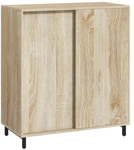 HOMCOM Mueble Zapatero de Entrada de 4 Niveles, Mueble Zapatero de aglomerado y Acero con Puerta corredera, Mueble Zapatero con estantes para hasta 12 Pares de Zapatos, 80x40x93 cm, Madera