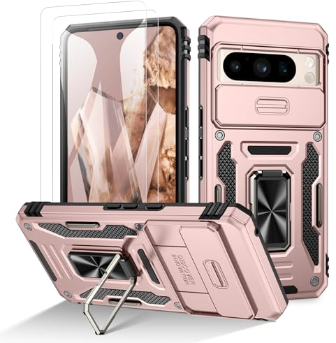 Doeshine Hülle Google Pixel 8 Pro, Handyhülle mit 2 Stück Displayschutzfolie & Kameraschutz, Magnetisch Ring Ständer, Robust Fallschutz Outdoor Militär Schutzhülle Google Pixel 8 Pro (Rosé Gold)