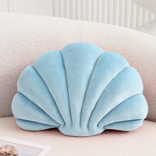 XIAIJIA Deko-Kissen in Muschelform, Zierkissen mit 3D-Inlet, Strandkissen, weiches Samtkissen, Maritime Dekoration für Couch, Bett, ca. 46 x 33 cm, blau
