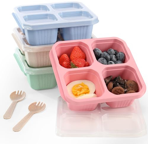 DIMBRAH Bento-Snackboxen (4er-Pack), wiederverwendbar, 4 Fächer, Mahlzeiten-Vorbereitungsbox, kompakt und stapelbar, perfekt für Schule, Arbeit, Reisen, Lebensmittelaufbewahrungsbehälter, mehrfarbig